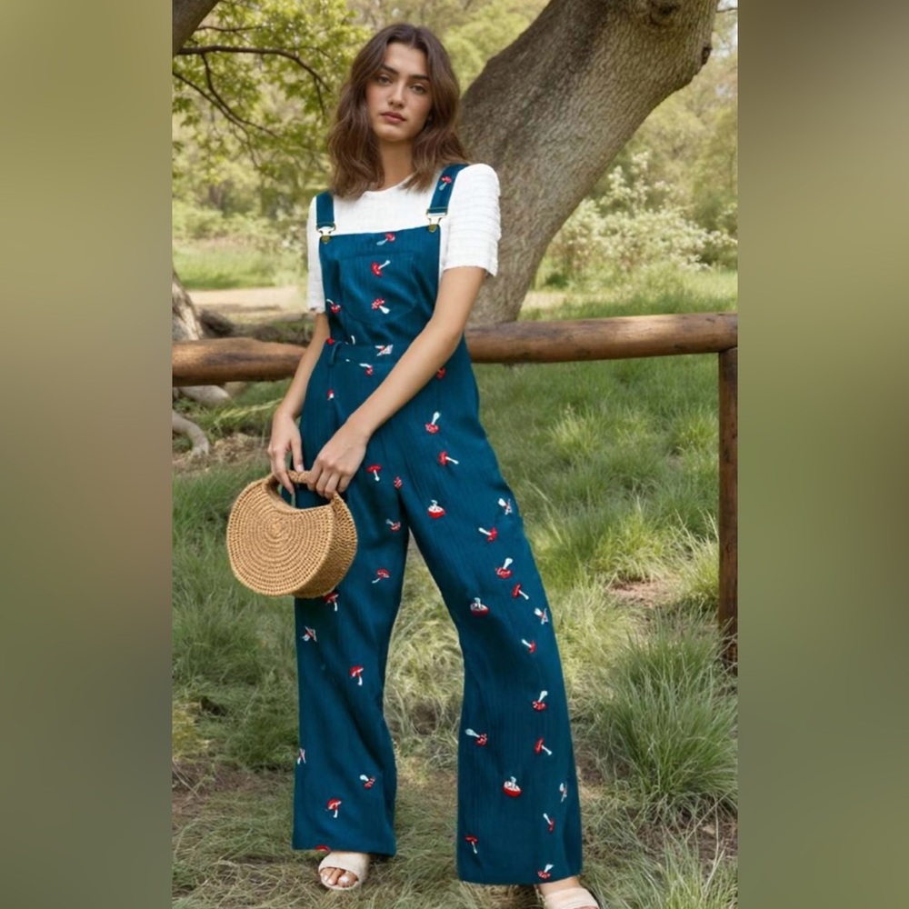 Blue Mushroom Print corduroy-like overalls
